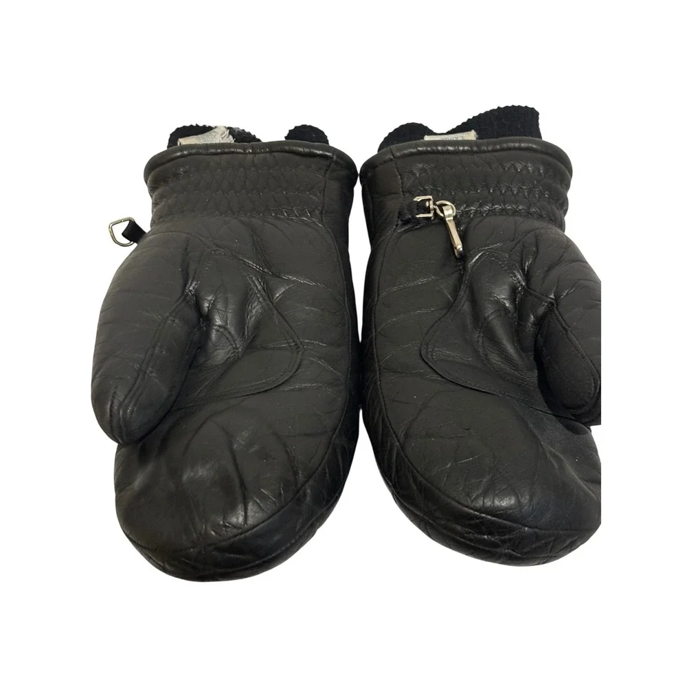 Roffe Vintage Black Leather Quilted Ski Mittens Ladies Sz L Japan retro warm 70s